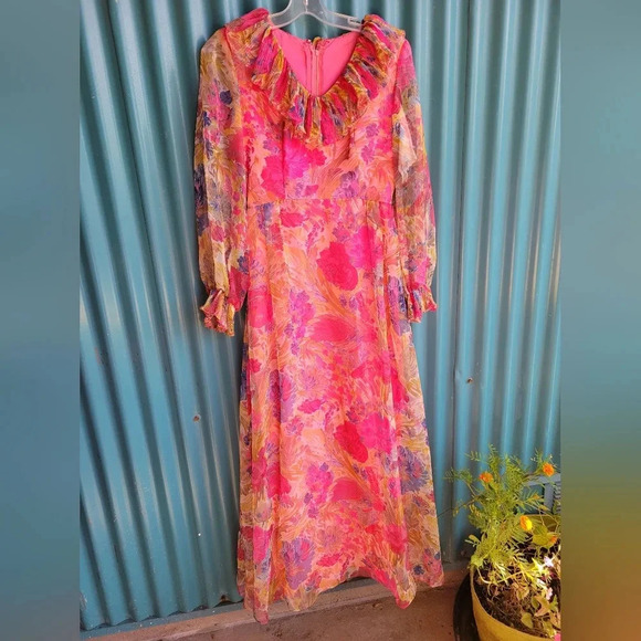 Vintage Pink Floral Chiffon Dress  Long Sleeves Long Small 70s Mrs, Roper - Picture 3 of 12